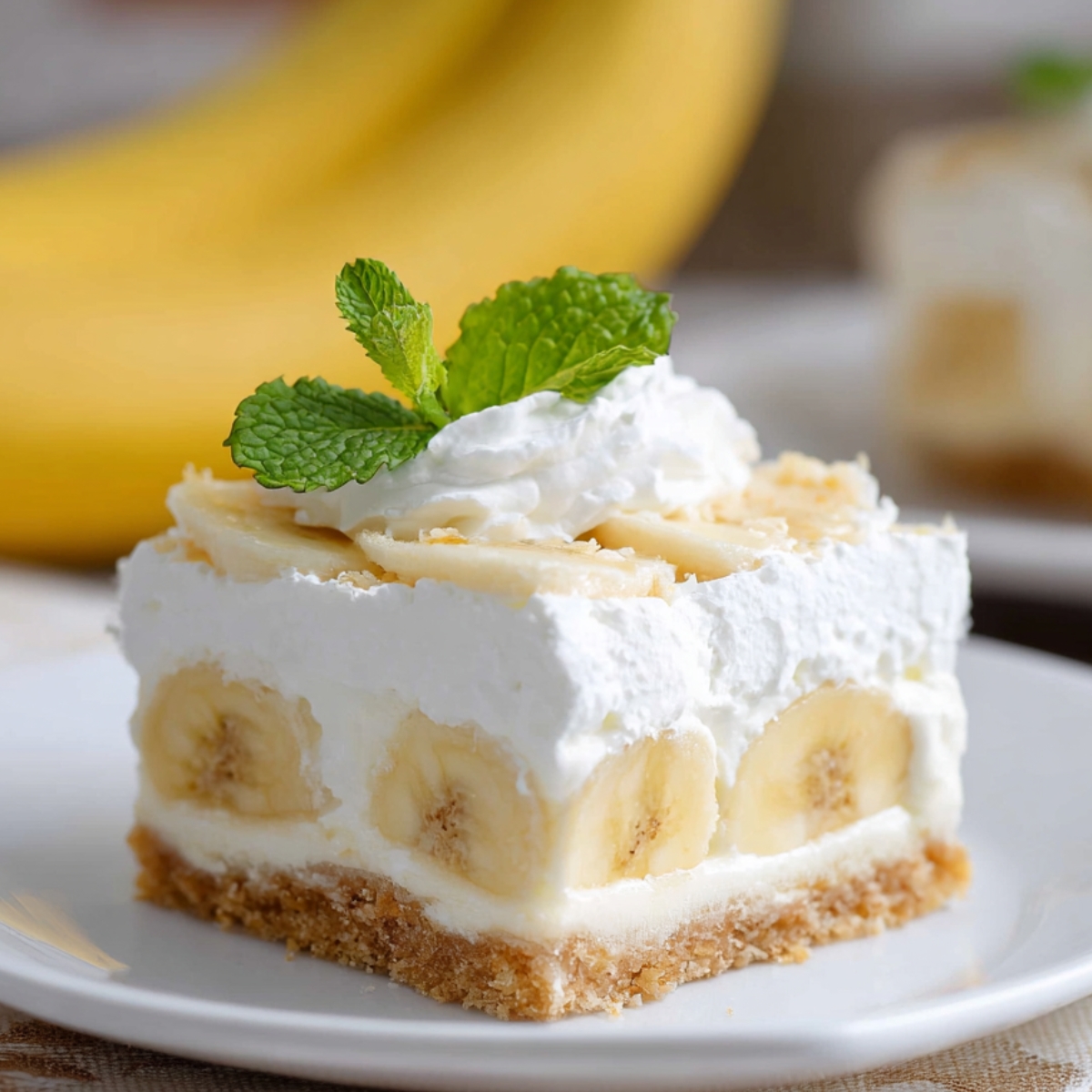 A close-up of a slice of banana cream bar on a plate, topped with whipped cream, banana slices, and a mint leaf. The dessert has a creamy, layered appearance with a crumbly crust.