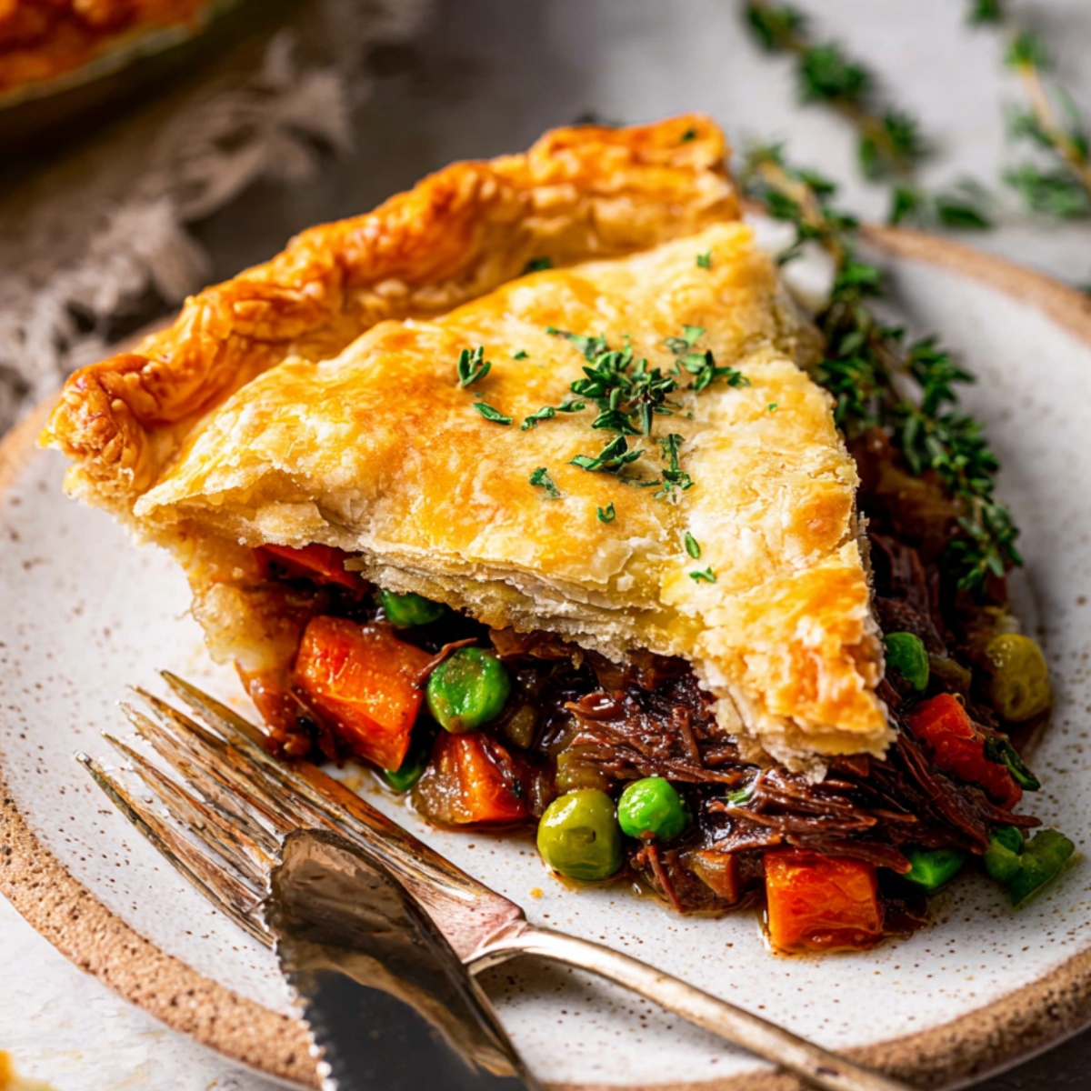 A slice of beef pot pie with a golden crust and hearty filling.
