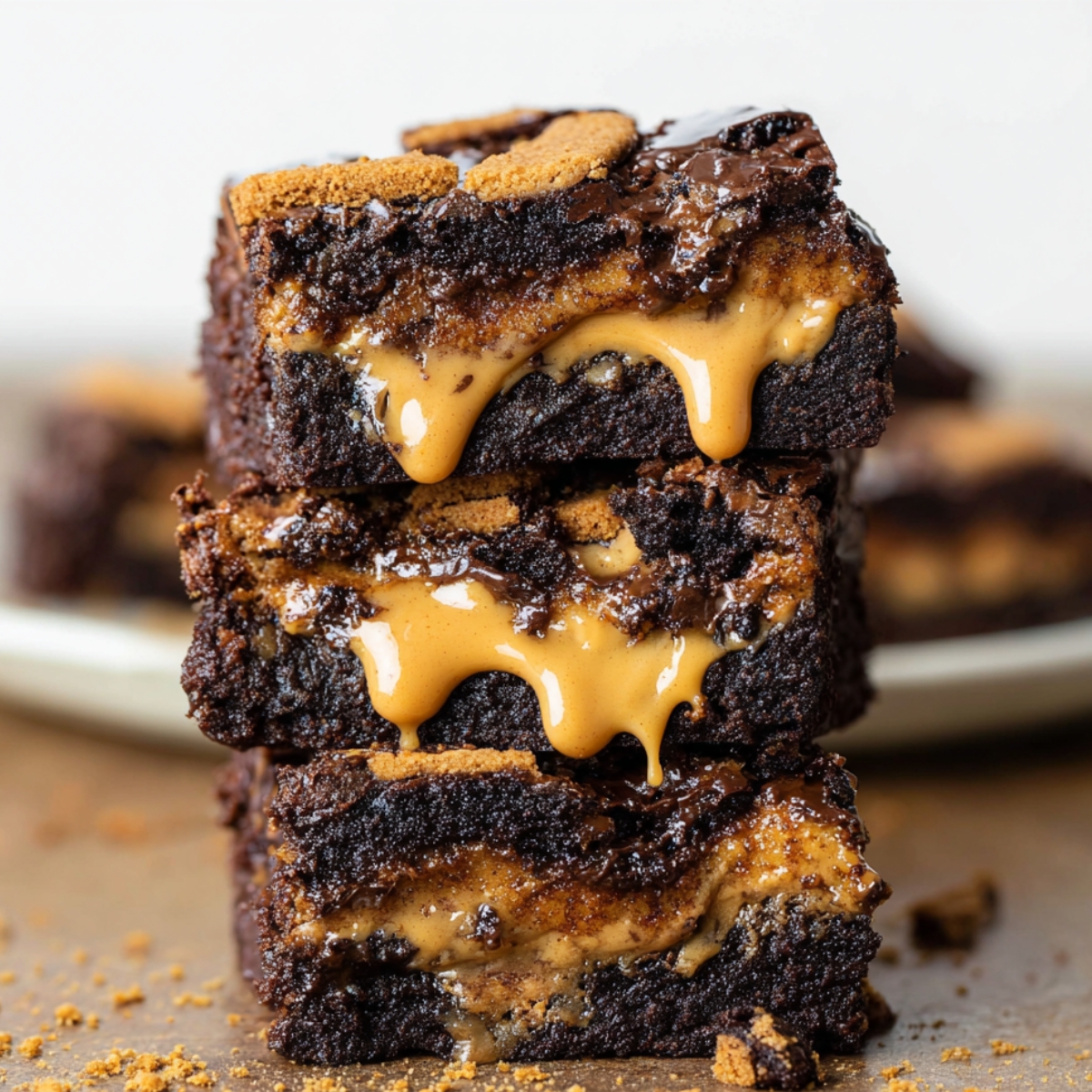 A stack of gooey Biscoff Brownies with a Biscoff cookie crust, featuring a melting peanut butter center spilling out from between the layers.