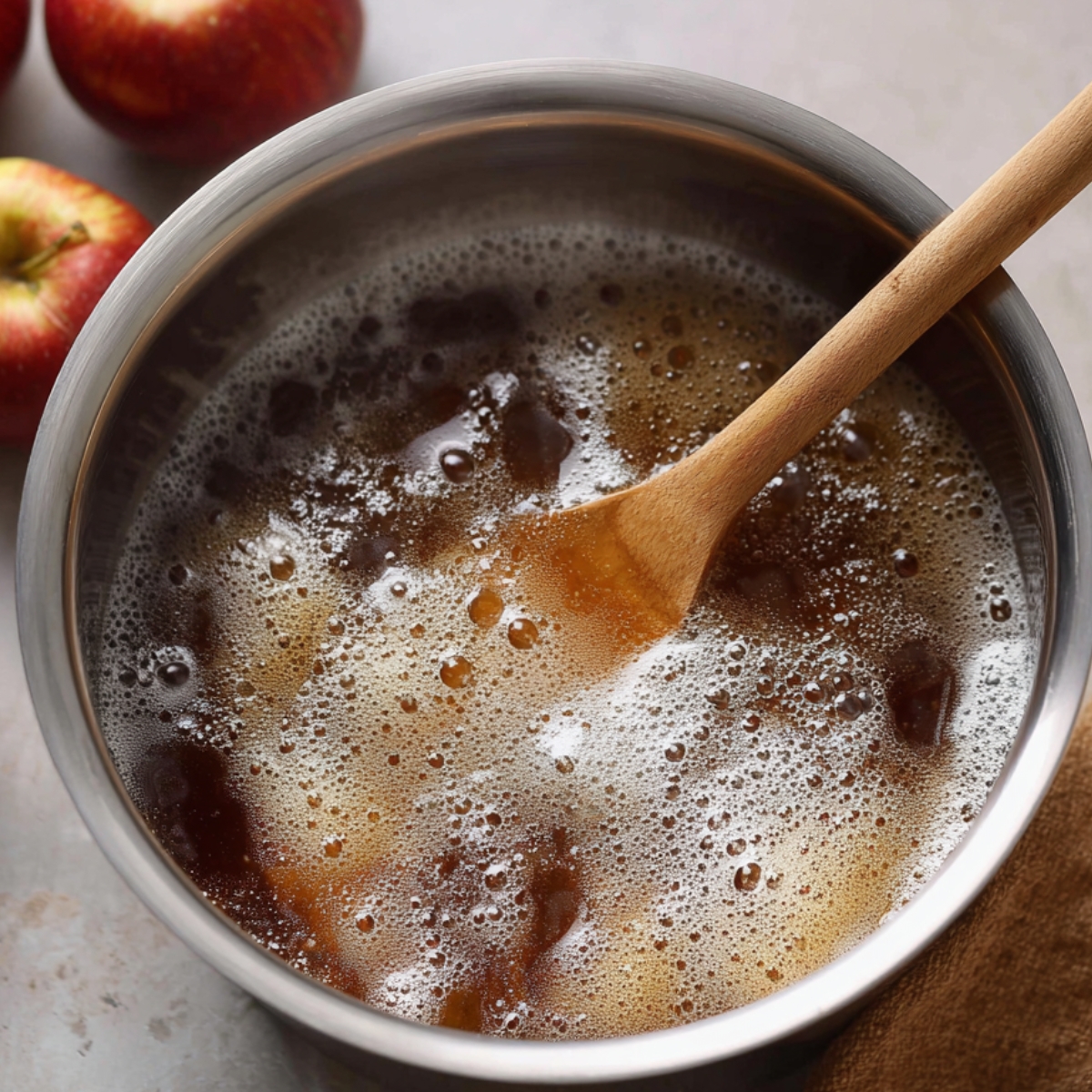 A stainless steel bowl with bubbling brown butter, being stirred with a wooden spoon. Red apples are in the background.