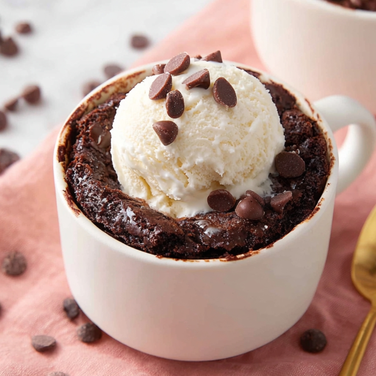 A mug filled with a freshly baked Brownie in a Mug topped with vanilla ice cream and chocolate chips, placed on a pink napkin.