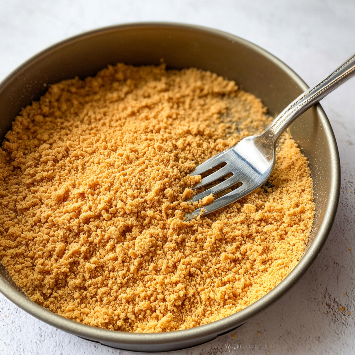 No Bake Marshmallow Cheesecake Recipe 10 A graham cracker crust pressed into a round pan, ready for filling. A fork is used to evenly spread the crumbs.