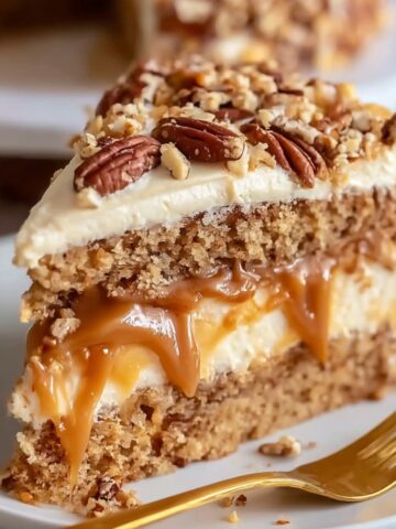 Easy Butterscotch Crunch Cake 1 A slice of Butterscotch Crunch Cake with a caramel filling, topped with crushed pecans and frosting.