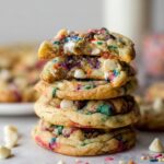 A stack of freshly baked Cake Batter Chocolate Chip Cookies, showing vibrant rainbow sprinkles, with one cookie broken to reveal its soft, chewy interior.