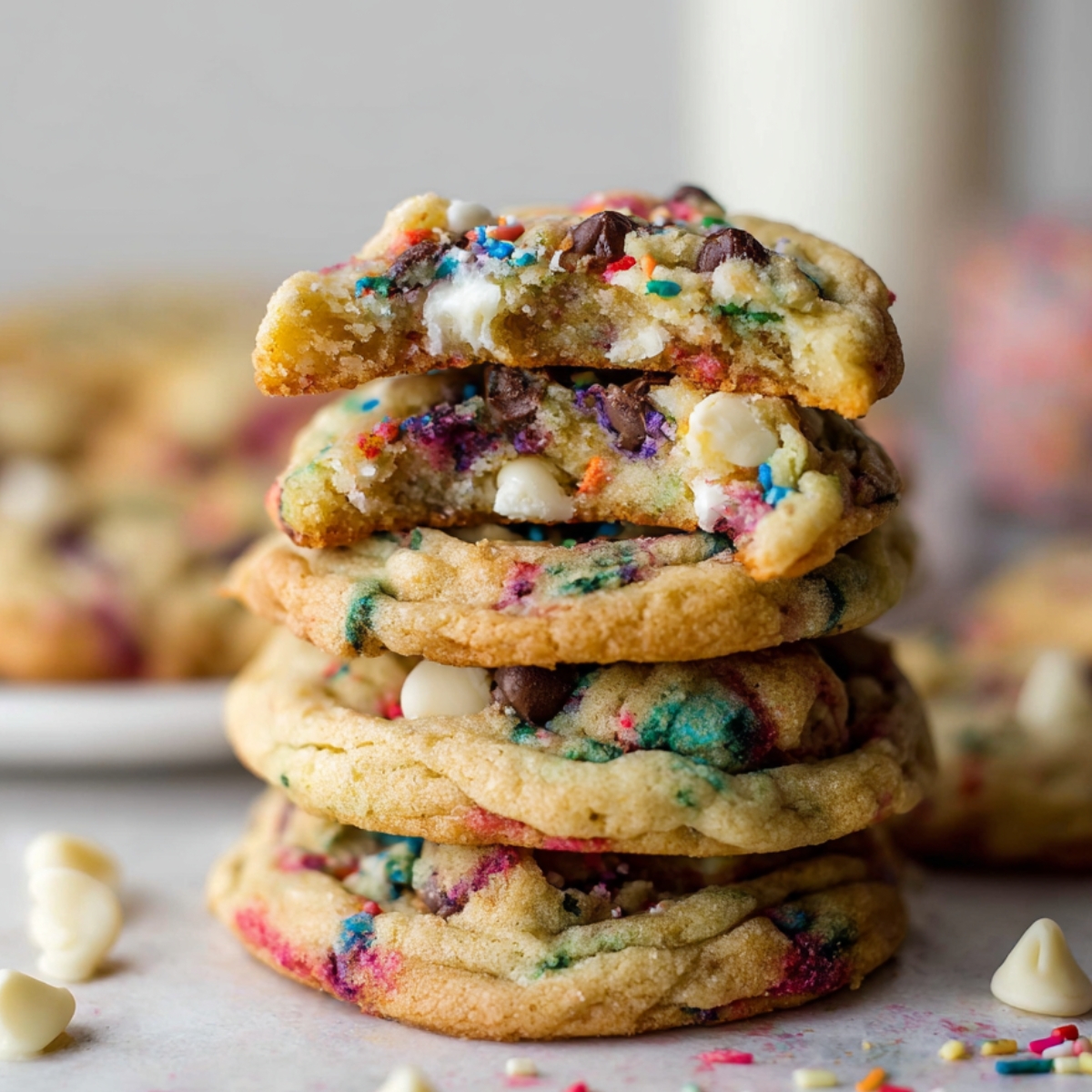 A stack of freshly baked Cake Batter Chocolate Chip Cookies, showing vibrant rainbow sprinkles, with one cookie broken to reveal its soft, chewy interior.