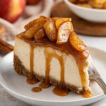 A close-up of a slice of Caramel Apple Cheesecake topped with caramel sauce and cinnamon spiced apples, served on a plate with a fork.
