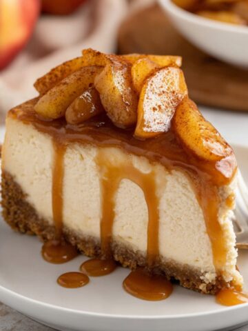A close-up of a slice of Caramel Apple Cheesecake topped with caramel sauce and cinnamon spiced apples, served on a plate with a fork.