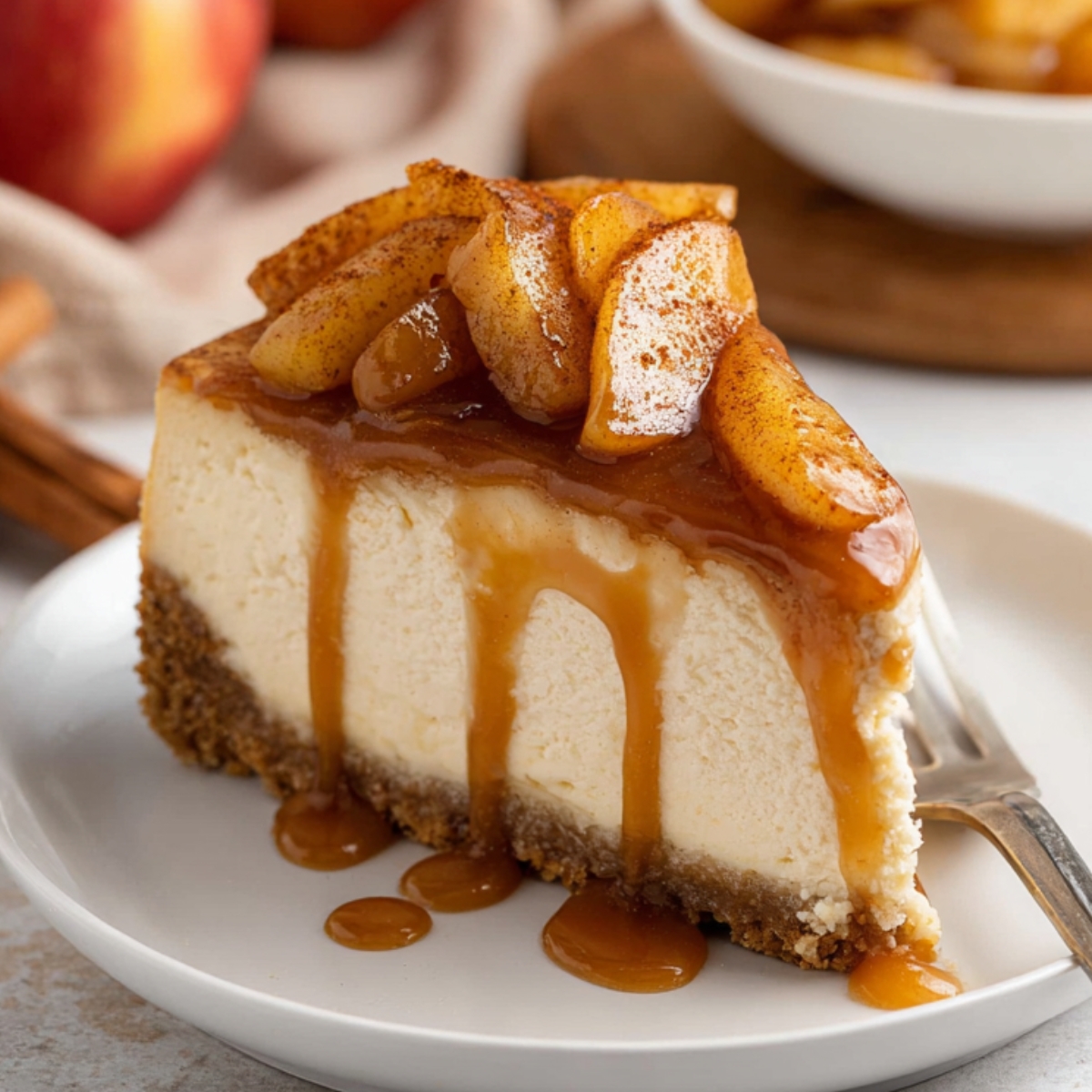 A close-up of a slice of Caramel Apple Cheesecake topped with caramel sauce and cinnamon spiced apples, served on a plate with a fork.