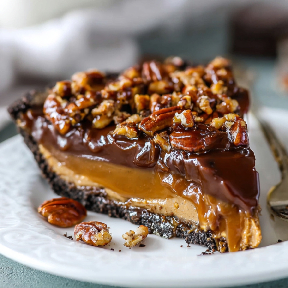 The Best Caramel Turtle Pie Recipe 9 Slice of Caramel Turtle Pie topped with pecans and a glossy layer of chocolate.