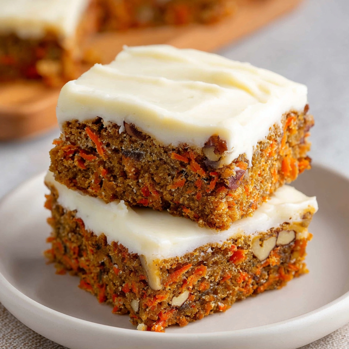 Two stacked carrot cake bars with cream cheese frosting, showing the moist texture with grated carrots and nuts inside, served on a plate.