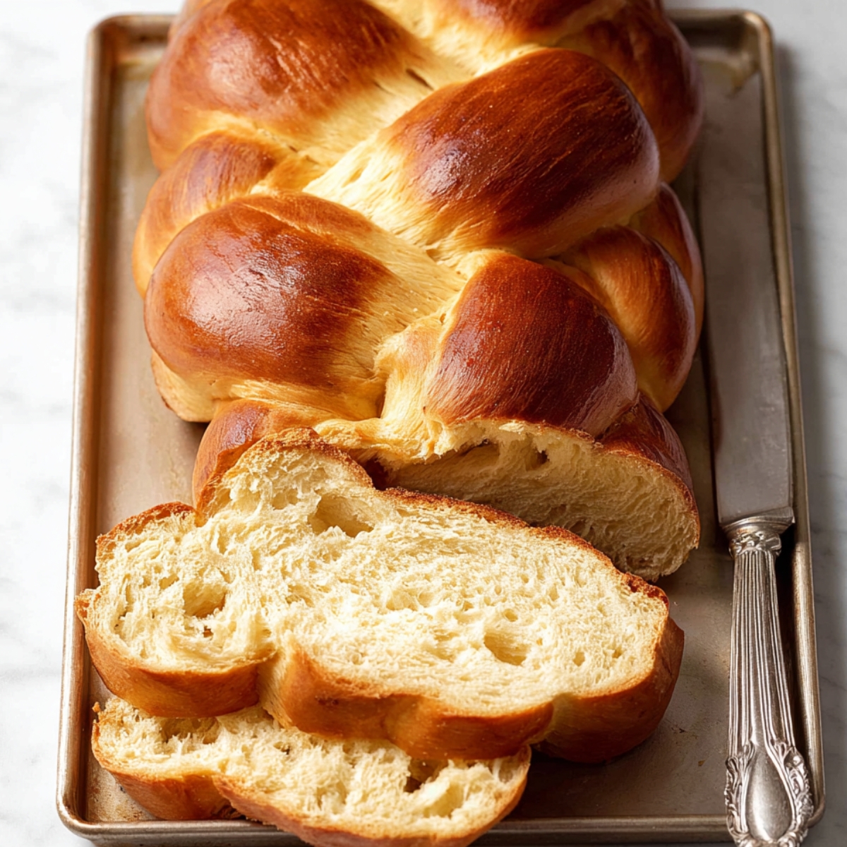 Freshly baked, golden-brown braided challah bread on a baking tray, with a slice cut to reveal the fluffy, airy interior.