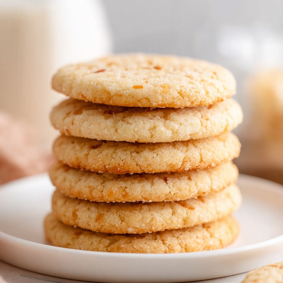 A stack of freshly baked golden Chewy Coconut Sugar Cookies arranged on a plate, showcasing a crisp texture with visible coconut flakes.
