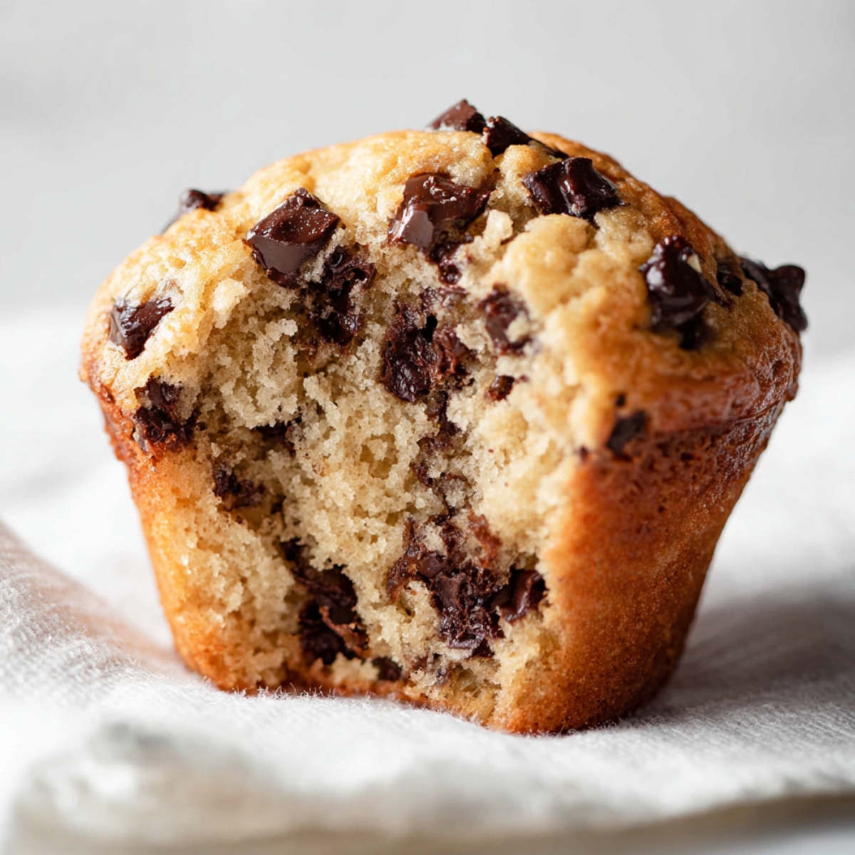 A close-up shot of a Chocolate Chip Muffins with a bite taken out, showing a soft, fluffy interior filled with chocolate chips.