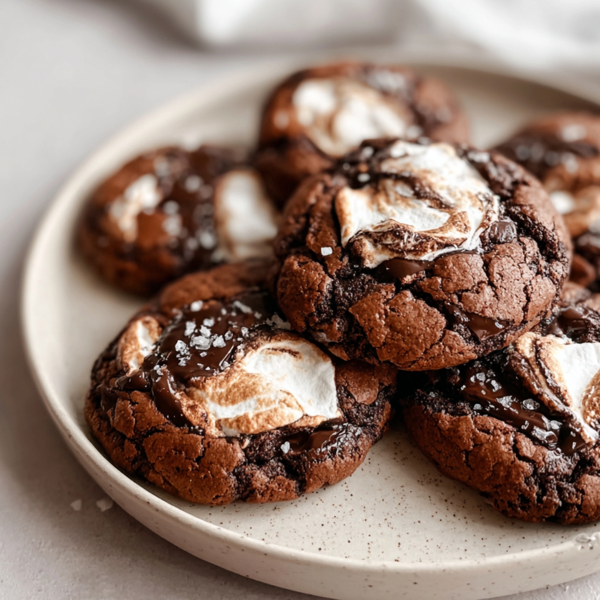 A plate of soft Chocolate Marshmallow Swirl Cookies topped with melted marshmallow swirls, dark chocolate, and a sprinkle of sea salt.