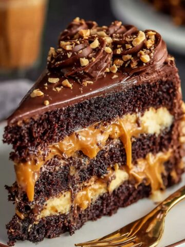 Easy Chocolate Snickers Cake Recipe 2 A decadent slice of Chocolate Snickers Cake, with layers of rich chocolate cake, creamy caramel, and smooth peanut butter frosting, topped with crushed peanuts.