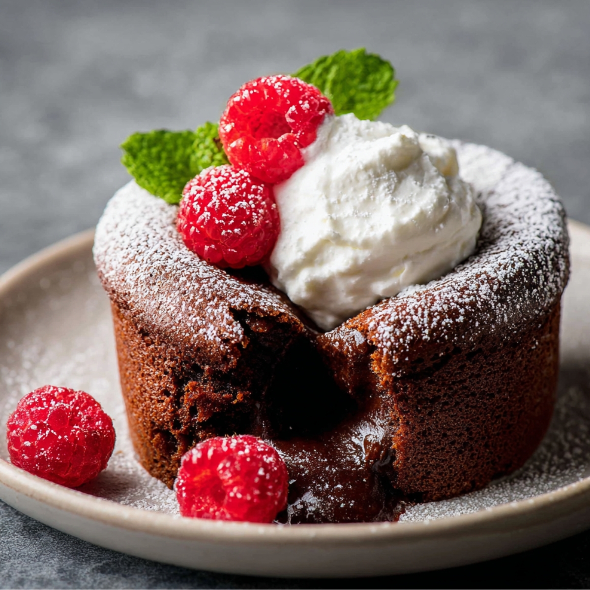 A decadent Chocolate Soufflé topped with fresh raspberries, mint leaves, and a dusting of powdered sugar, with a gooey center.