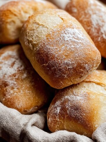 Homemade Ciabatta Bread Recipe 1 Freshly baked Ciabatta Bread in a basket, with a rustic, golden crust and soft interior, lightly dusted with flour.