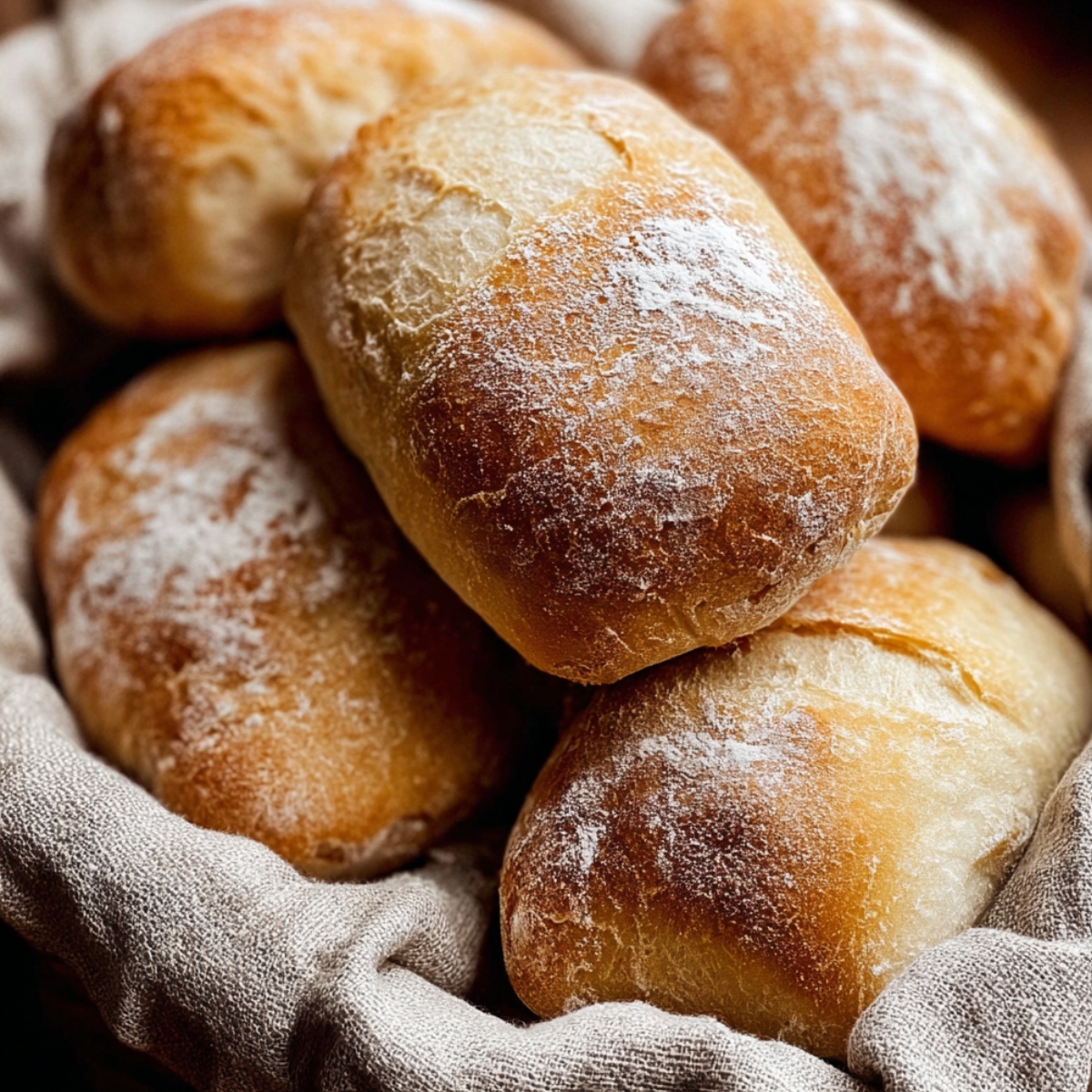 Freshly baked Ciabatta Bread in a basket, with a rustic, golden crust and soft interior, lightly dusted with flour.
