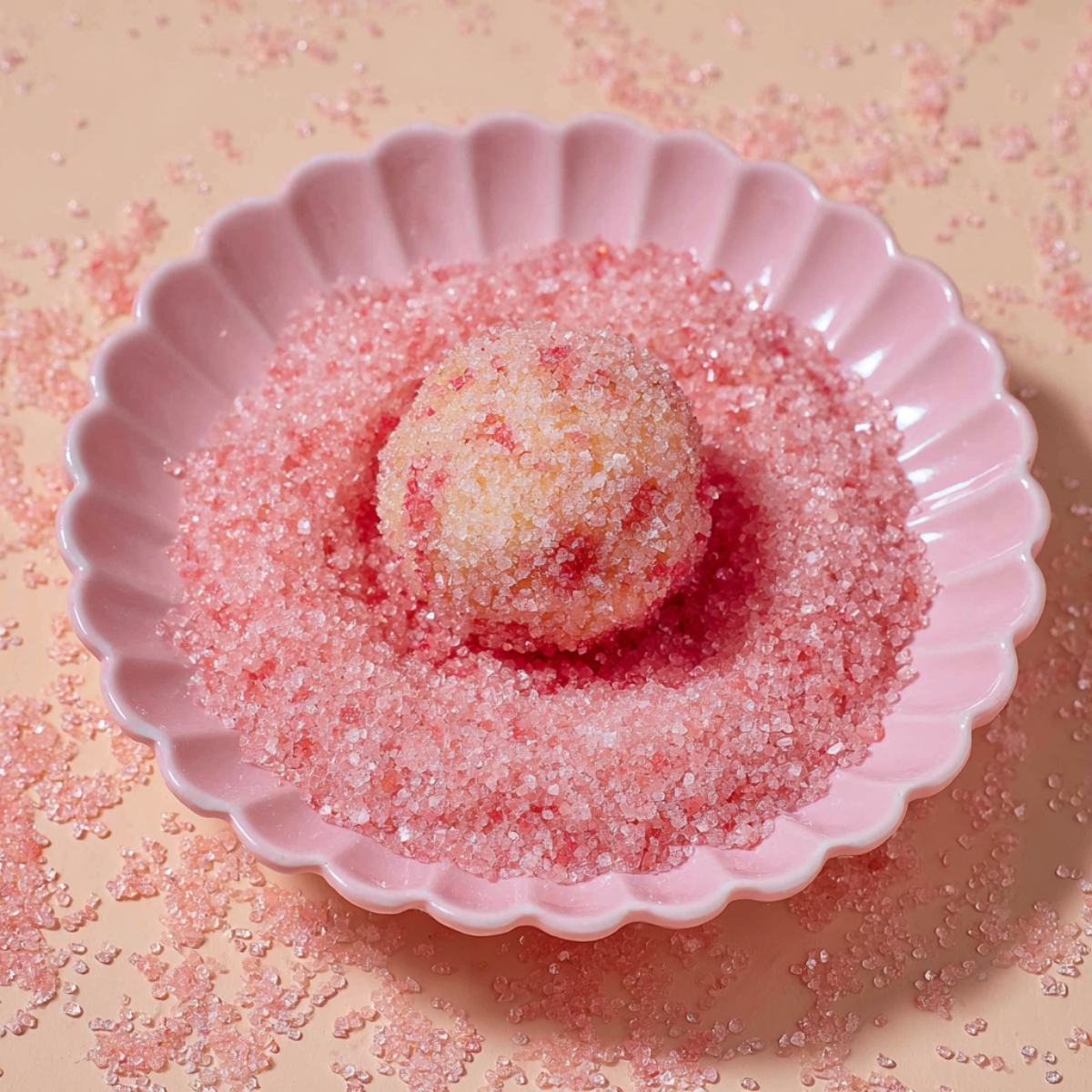 Delicious Sugar Plum Fairy Cookies 11 A sugar cookie dough ball coated in pink sparkling sugar, placed in a pink scalloped bowl surrounded by more sugar crystals.