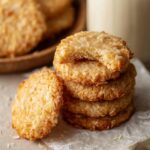 Freshly baked Coconut Biscuits stacked together, golden and crispy on the edges with a soft, chewy interior. One biscuit has a bite taken out, revealing its texture.