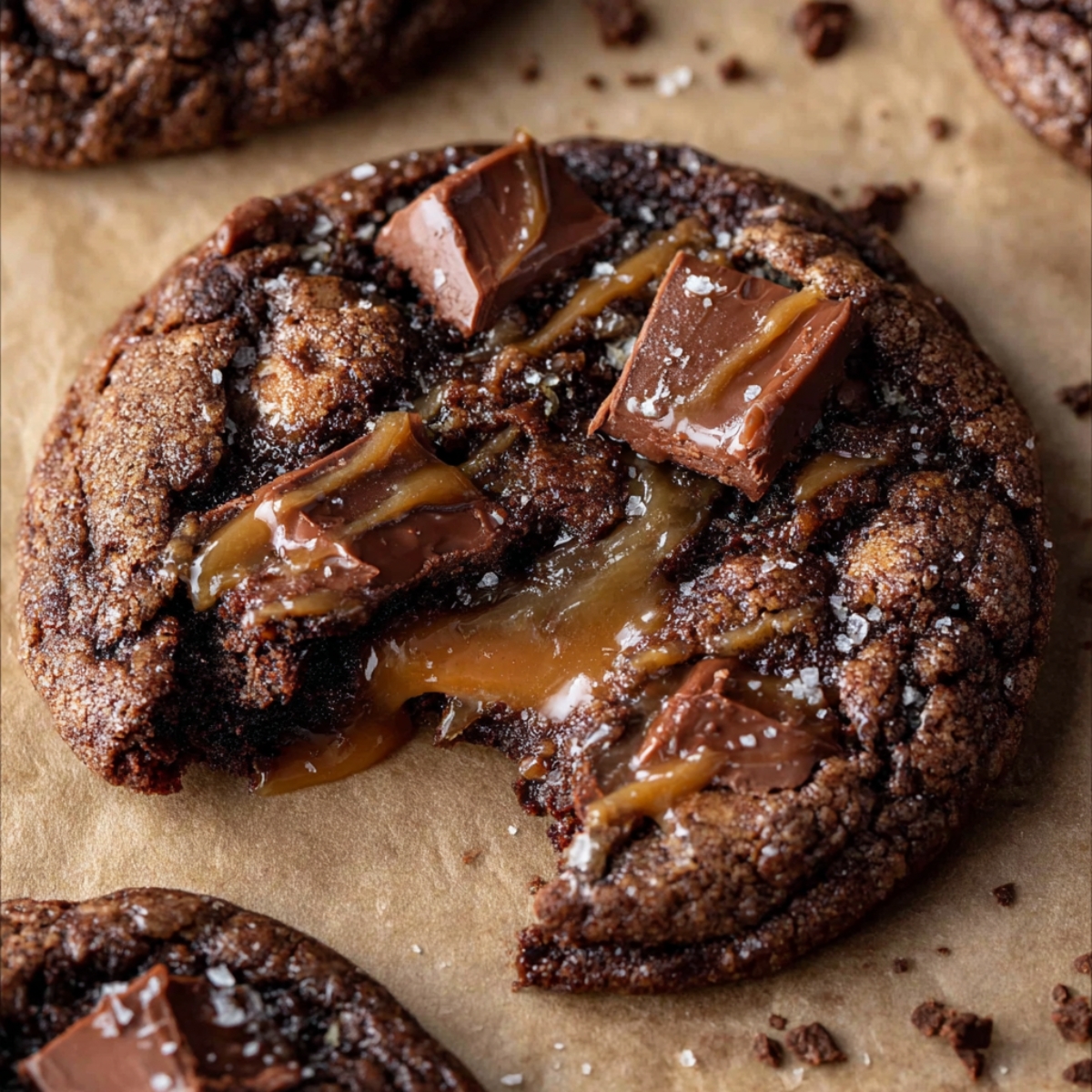 A gooey, Coffee Toffee Cookies with chunks of chocolate and caramel oozing from the center, with a bite taken out and a sprinkle of sea salt on top.