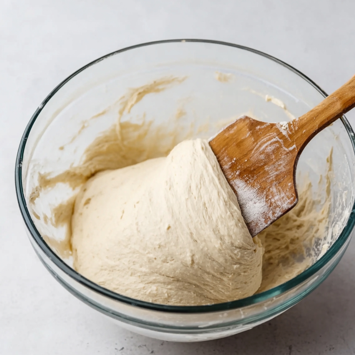 Homemade Ciabatta Bread Recipe 10 A glass mixing bowl filled with ciabatta dough, being stirred with a wooden spoon, showing the smooth, slightly sticky texture of the dough.