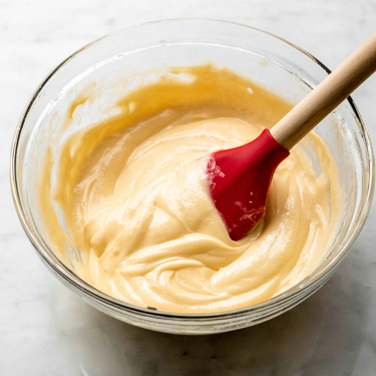 Sour Cream Coffee Cake Recipe 10 A smooth, creamy yellow batter in a glass bowl with a red spatula gently stirring the mixture.