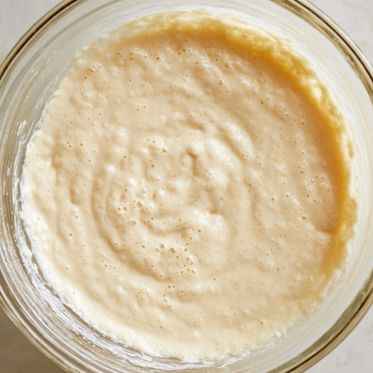 Easy Greek Yogurt Pancakes 10 A glass mixing bowl filled with smooth pancake batter that has a creamy, slightly lumpy texture. The batter is ready to be poured onto a hot griddle.