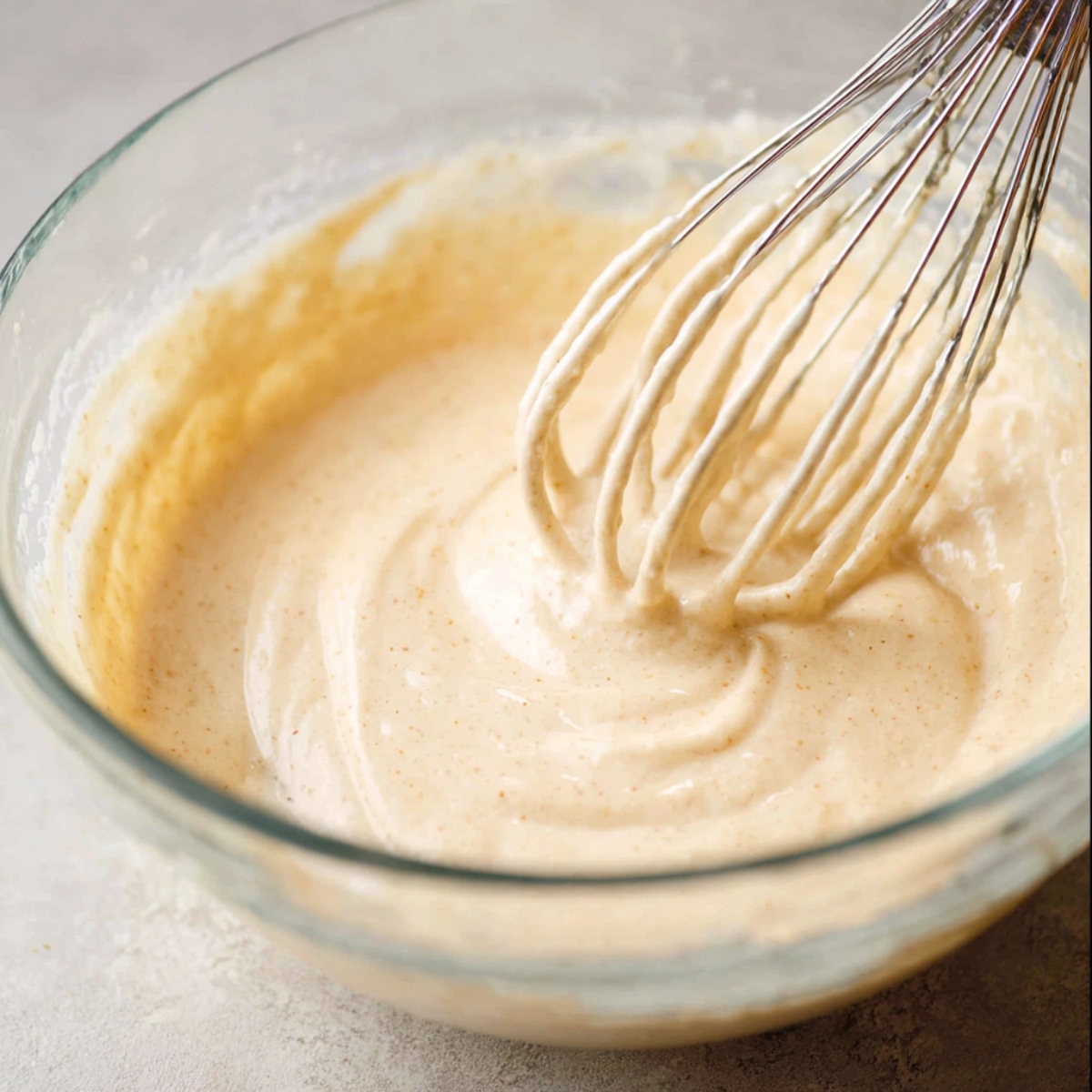 The Best Vanilla Cupcakes Reipe 10 Vanilla cupcake batter being whisked in a glass bowl, showing a smooth, creamy consistency with hints of vanilla bean.