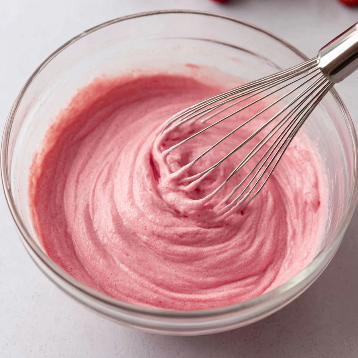 Easy Vegan Strawberry Cake Recipe 10 A whisk mixing a smooth, creamy pink strawberry batter in a glass bowl.