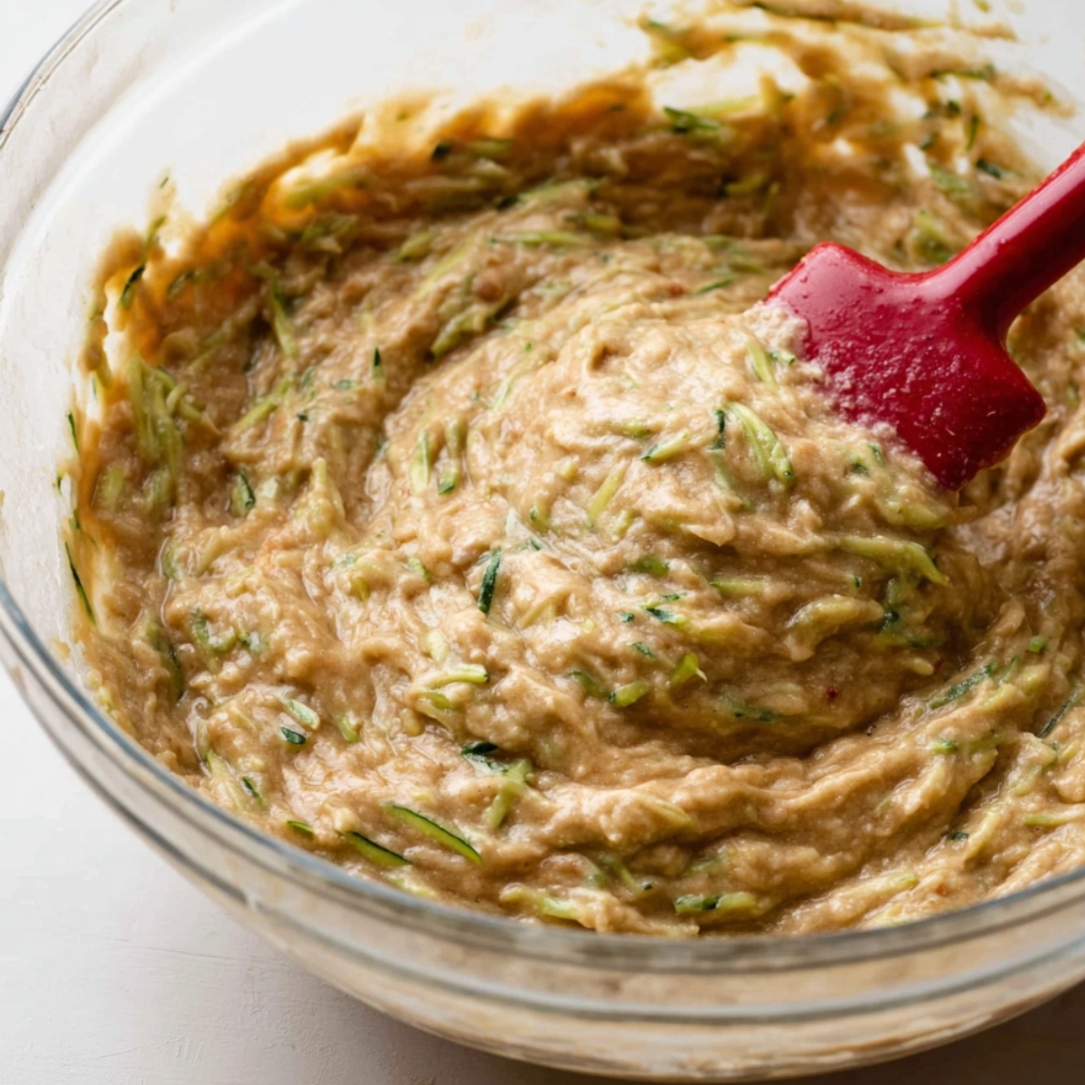 Moist Zucchini Bread Recipe 10 A glass bowl filled with zucchini bread batter, with a spatula stirring through the mixture, showing shredded zucchini throughout.