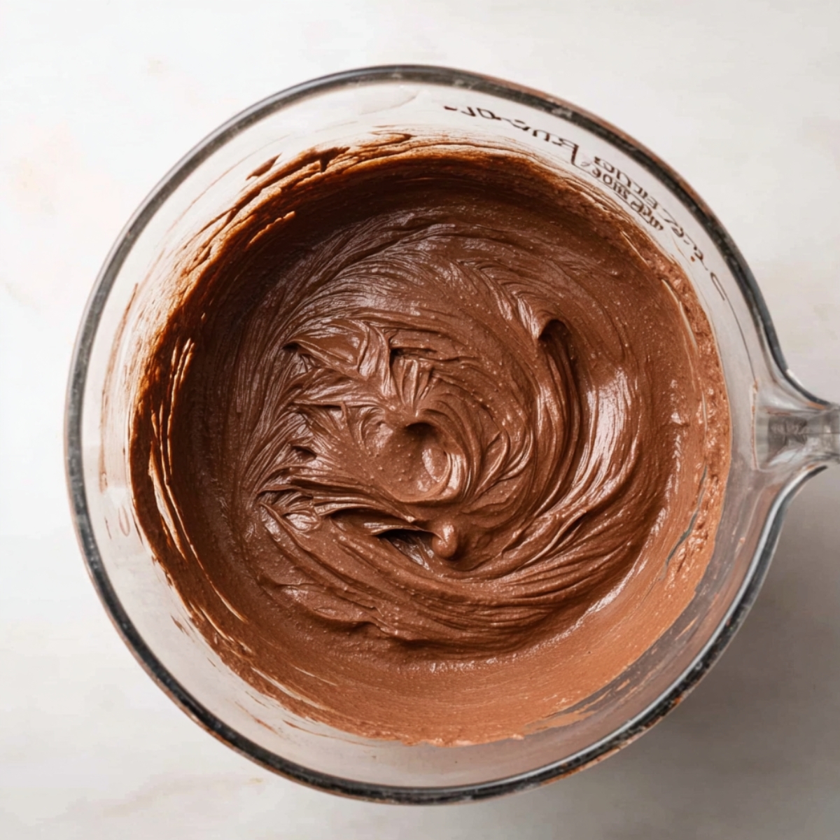 Easy Andes Mint Cupcakes Recipe 10 A glass mixing bowl filled with thick, smooth chocolate frosting. The frosting has a rich, creamy texture, with a shiny and glossy finish.