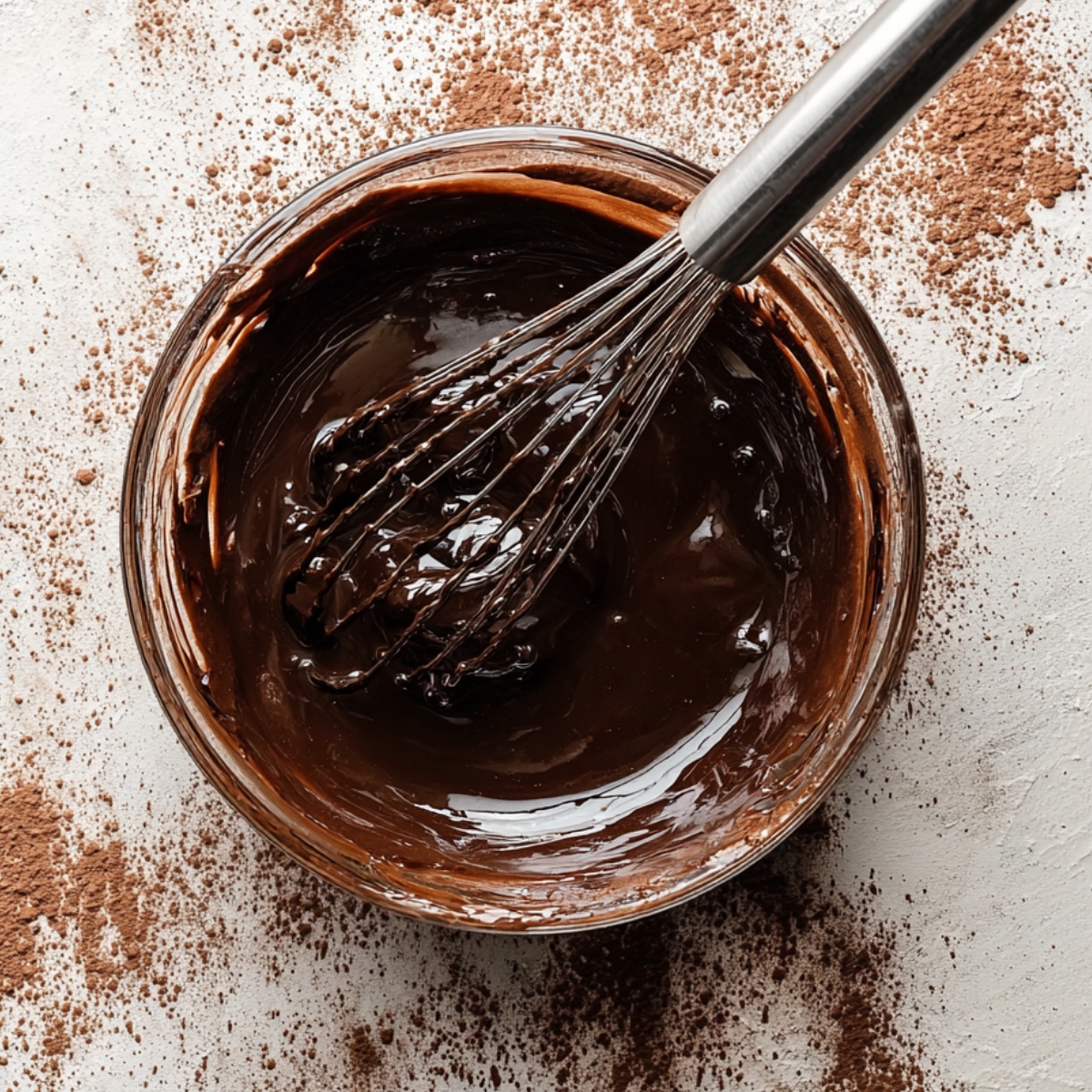 Best Chocolate Marshmallow Swirl Cookies 10 A glass mixing bowl filled with thick, smooth chocolate batter, with a whisk resting inside.