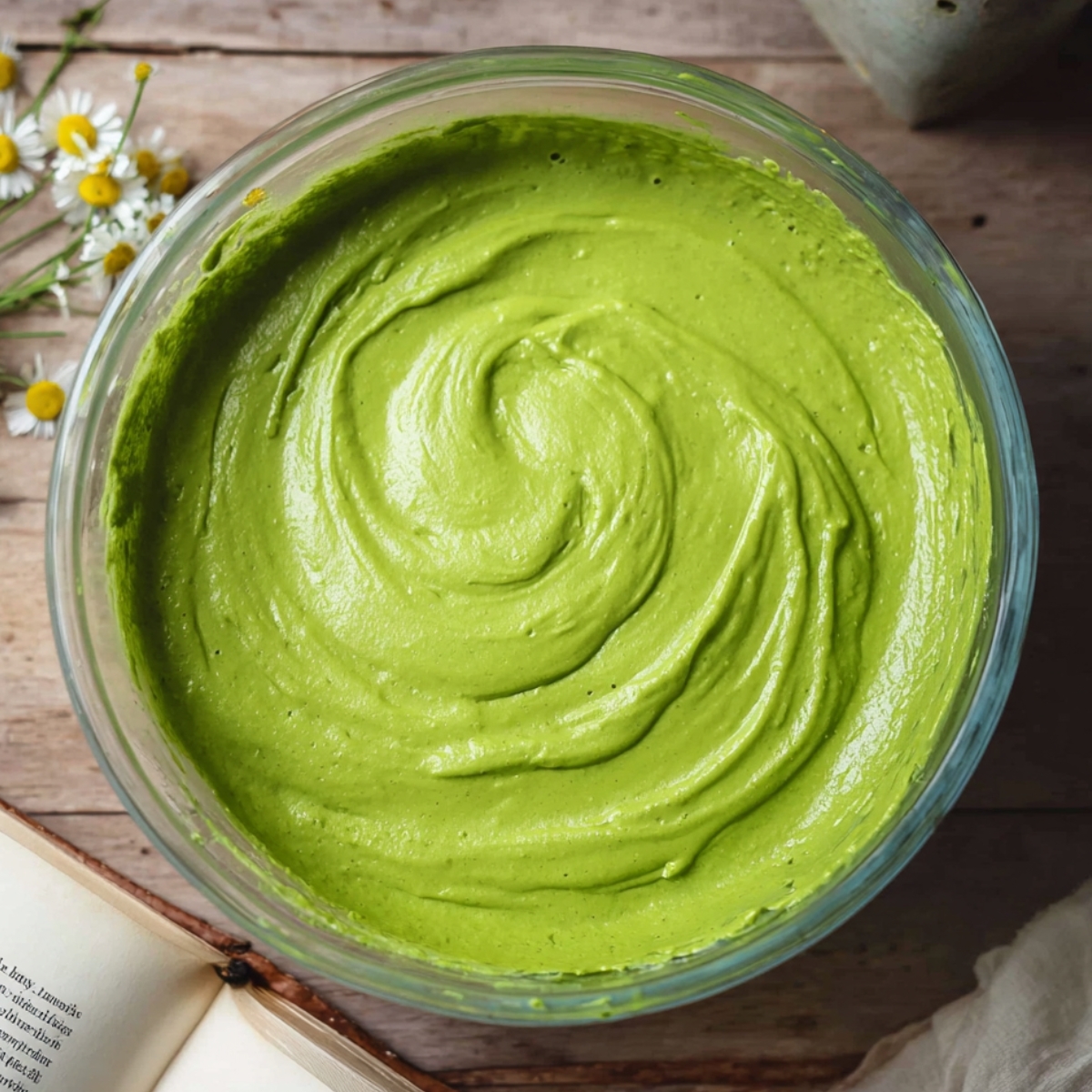 Easy Strawberry Matcha Latte Cake Recipe 10 A close-up of a bowl filled with vibrant green matcha frosting, creamy and smooth with a slight swirl on the surface.