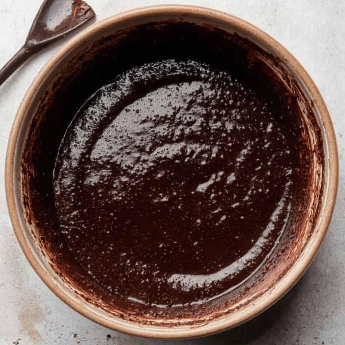 Fudgy Biscoff Brownies Recipe 11 A smooth and glossy chocolate brownie batter in a mixing bowl, with a rich dark color and slightly lumpy texture.