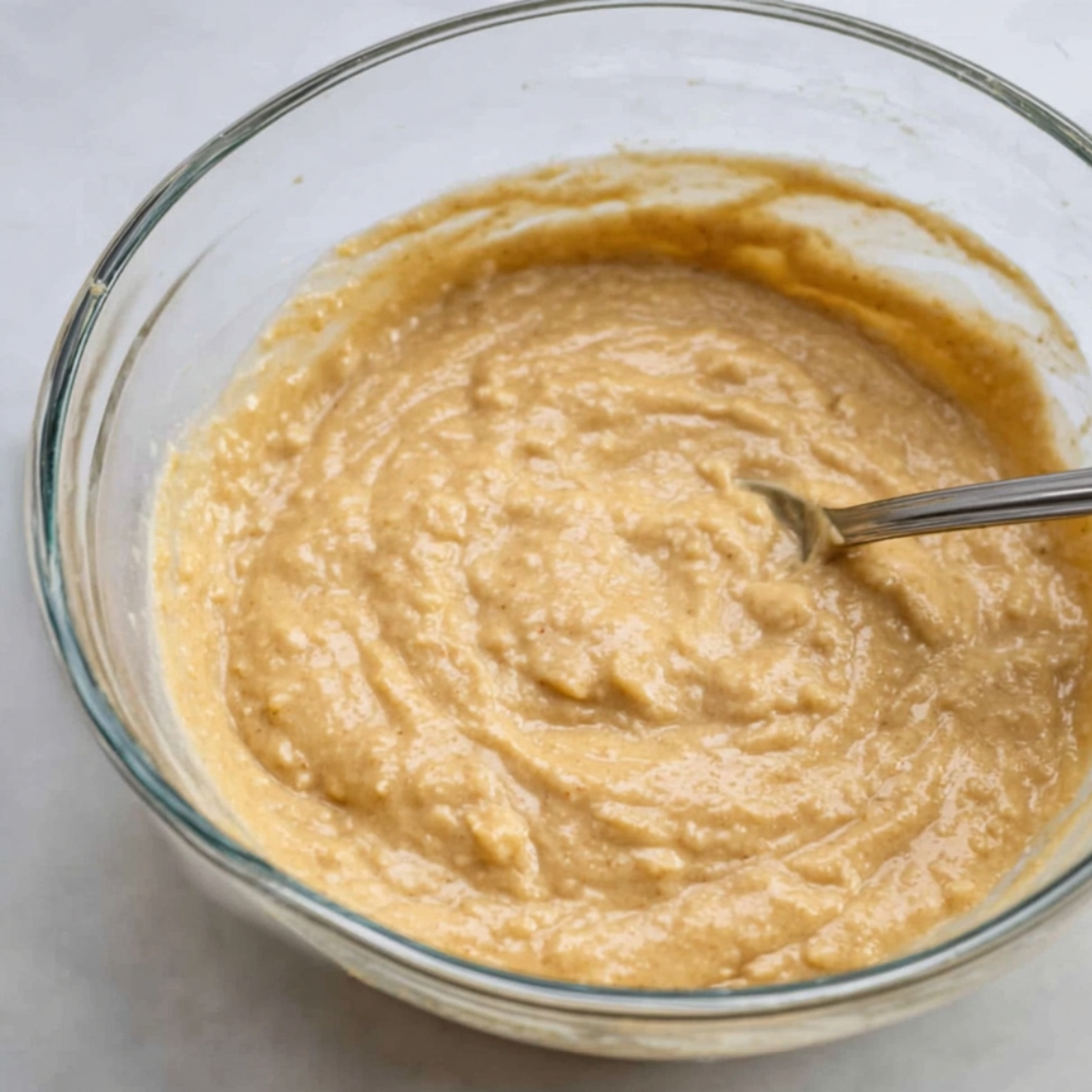 A close-up of thick, smooth batter in a glass mixing bowl. The batter has a light, slightly lumpy texture and appears to be in the early stages of preparation for a cake or baked good.