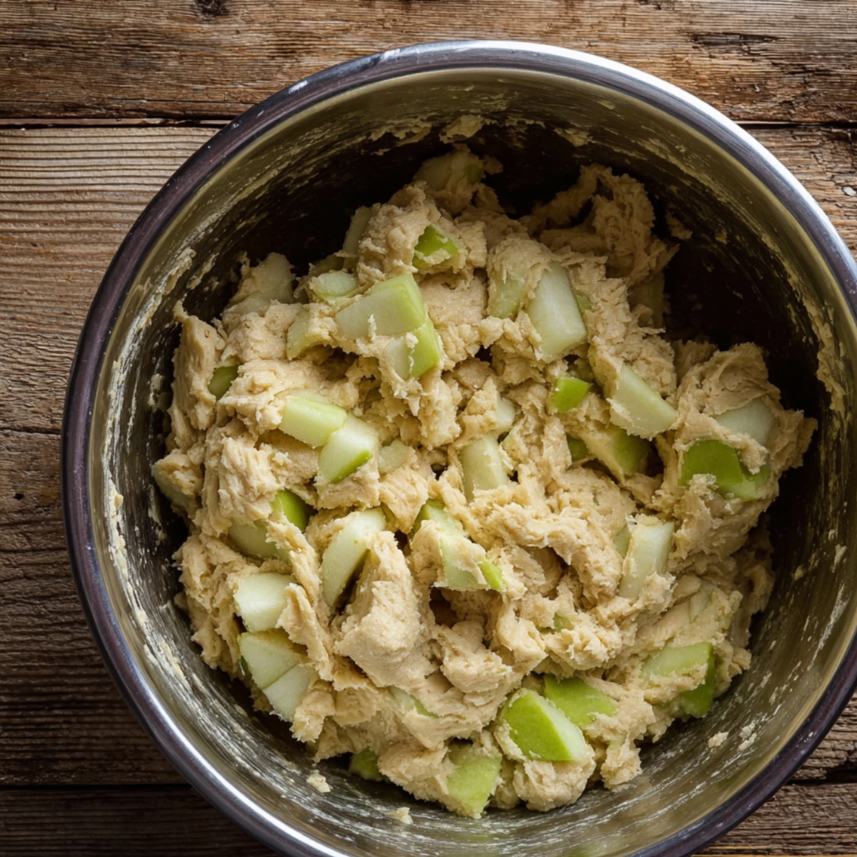Traditional Irish Apple Cake Recipe 11 A stainless steel bowl with dough for Irish apple cake, mixed with chunks of green apples.