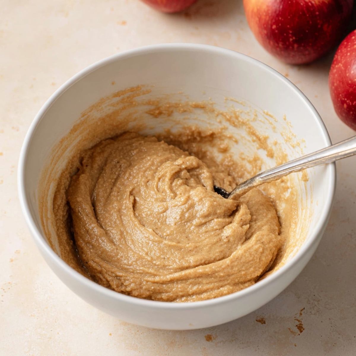 A white bowl with smooth apple cider blondie batter being mixed with a spoon, with red apples visible in the background.