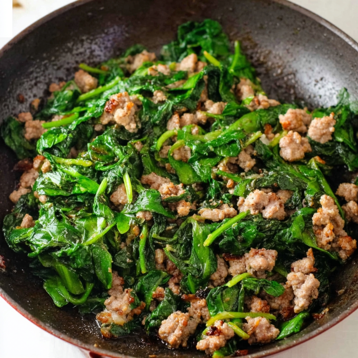 Italian Easter Pie (Pizza Rustica) 10 Sautéed ground sausage and fresh spinach in a skillet, showcasing the vibrant green spinach combined with the browned sausage.