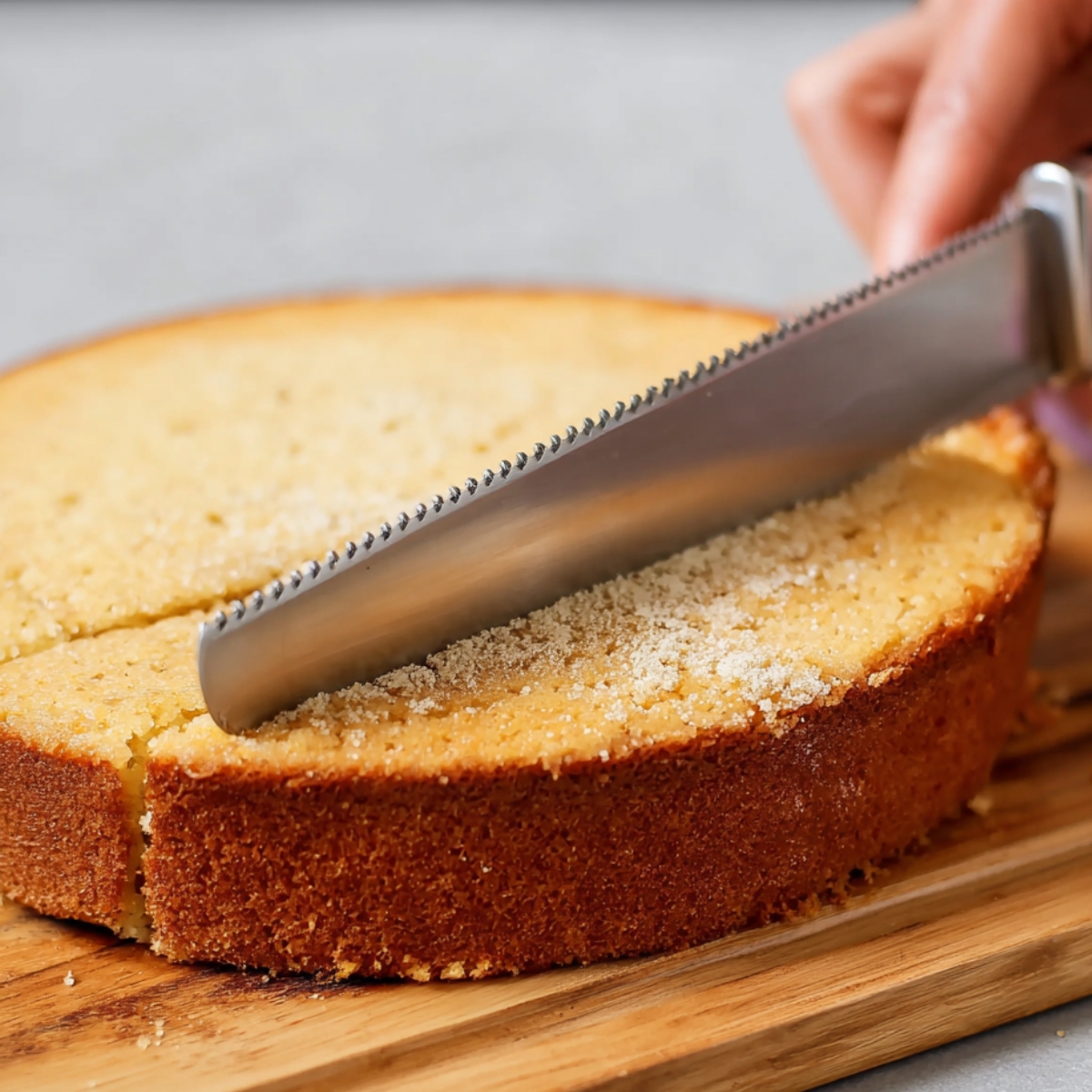 Easy Butterscotch Crunch Cake 10 A serrated knife cutting through a golden-brown cake layer on a wooden cutting board.