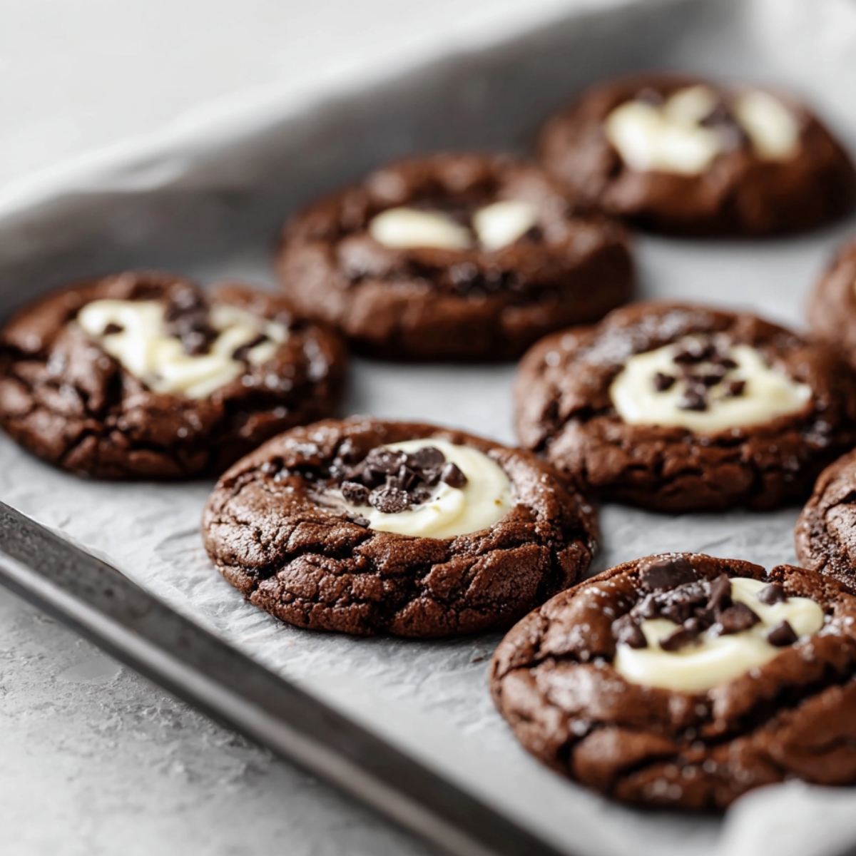 Best Chocolate Marshmallow Swirl Cookies 11 A baking tray with freshly baked chocolate cookies topped with melted white chocolate and mini chocolate chips, with the cookies featuring cracks and swirls of marshmallow.