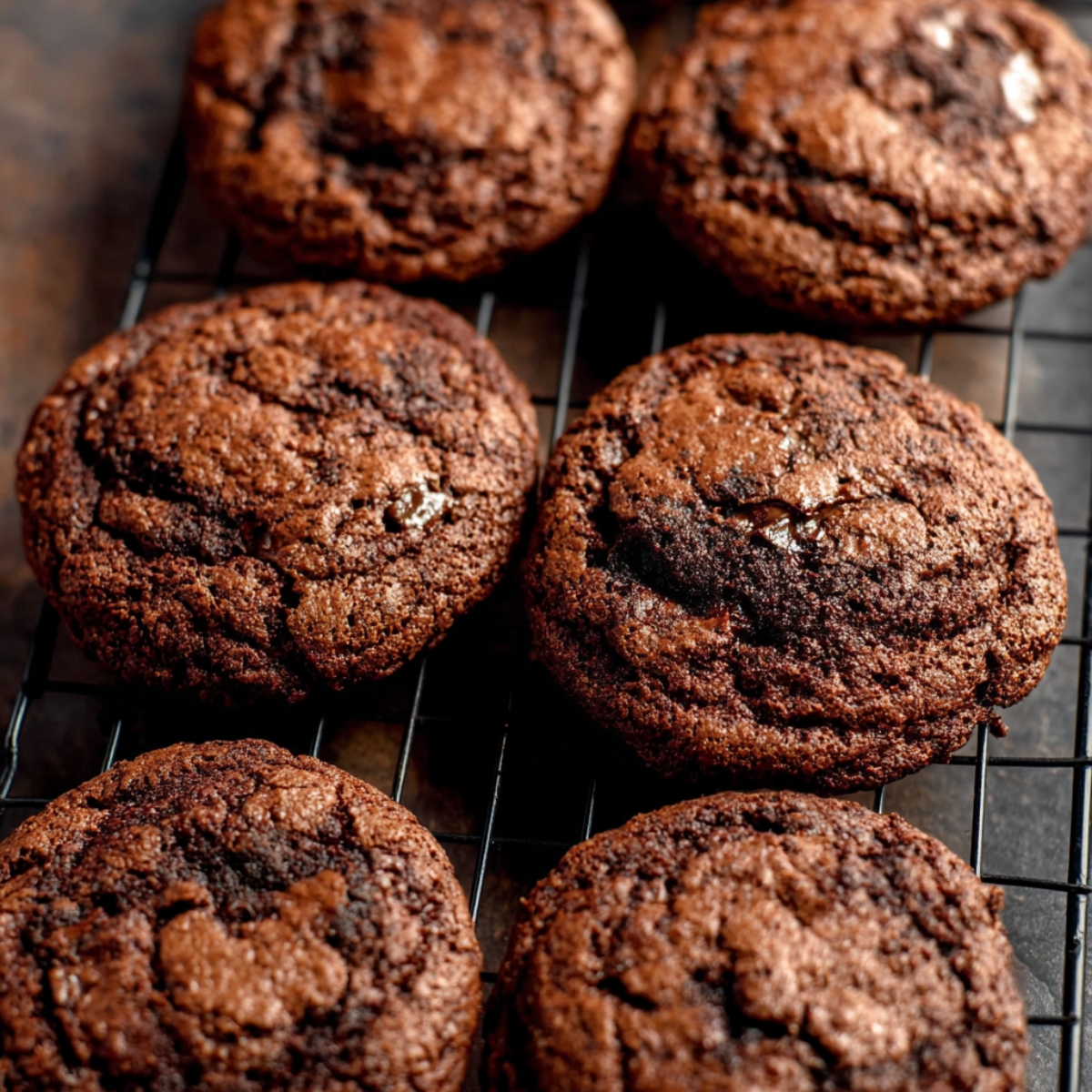 Easy Dirt Cake Cookies Recipe 11 A batch of freshly baked chocolate cookies cooling on a wire rack, with a rich, soft texture and slightly cracked surface.