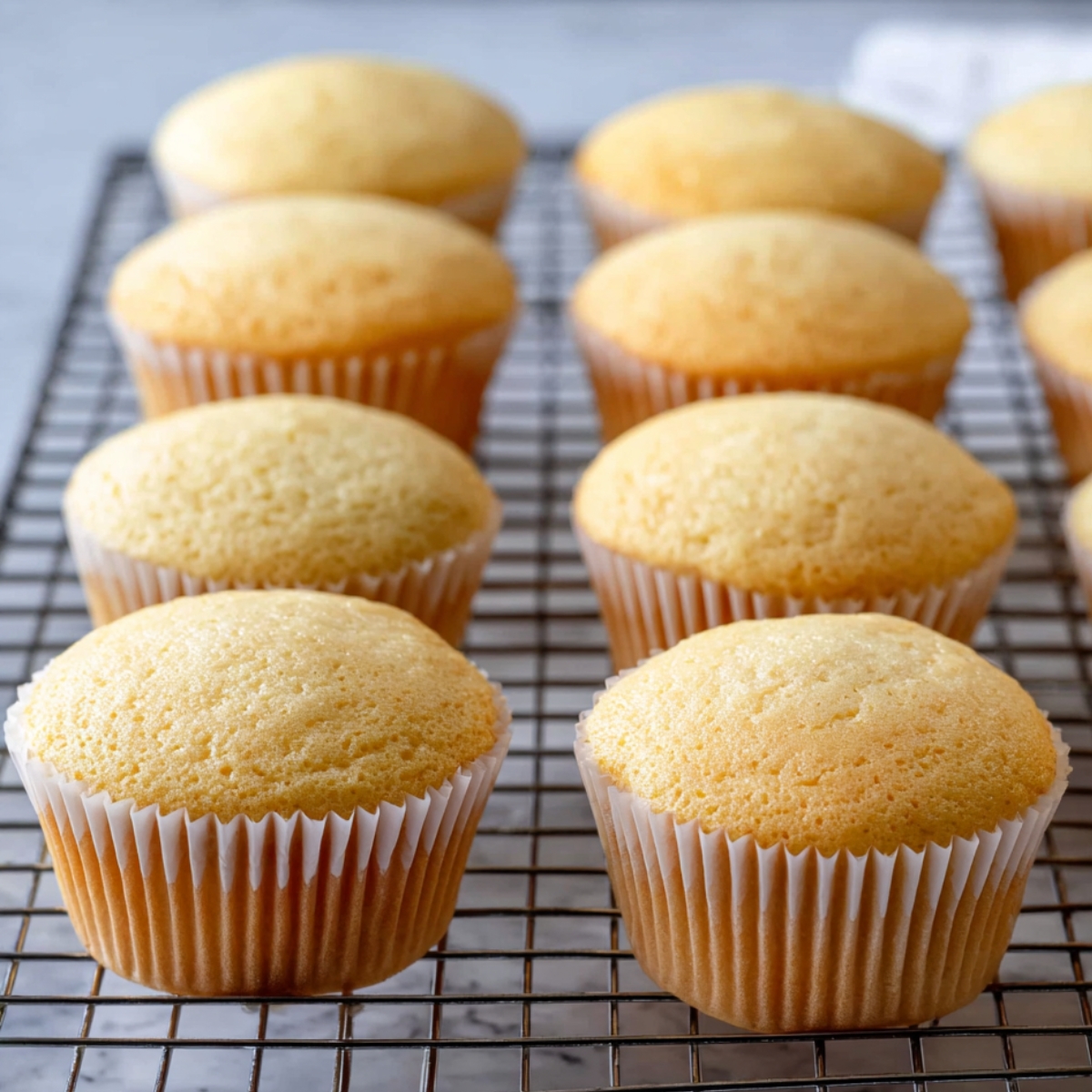 A close-up of freshly baked cupcakes cooling on a wire rack. The cupcakes are in white liners and have a light golden-brown color, with fluffy, smooth tops.