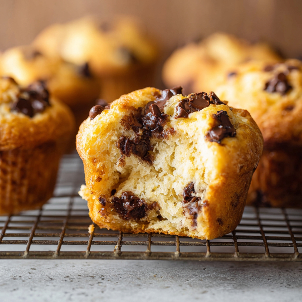 Healthy Cottage Cheese Muffins Recipe 9 A close-up of a freshly baked Cottage Cheese Muffins with chocolate chips, showing a bite taken out to reveal the fluffy interior and melted chocolate chips.
