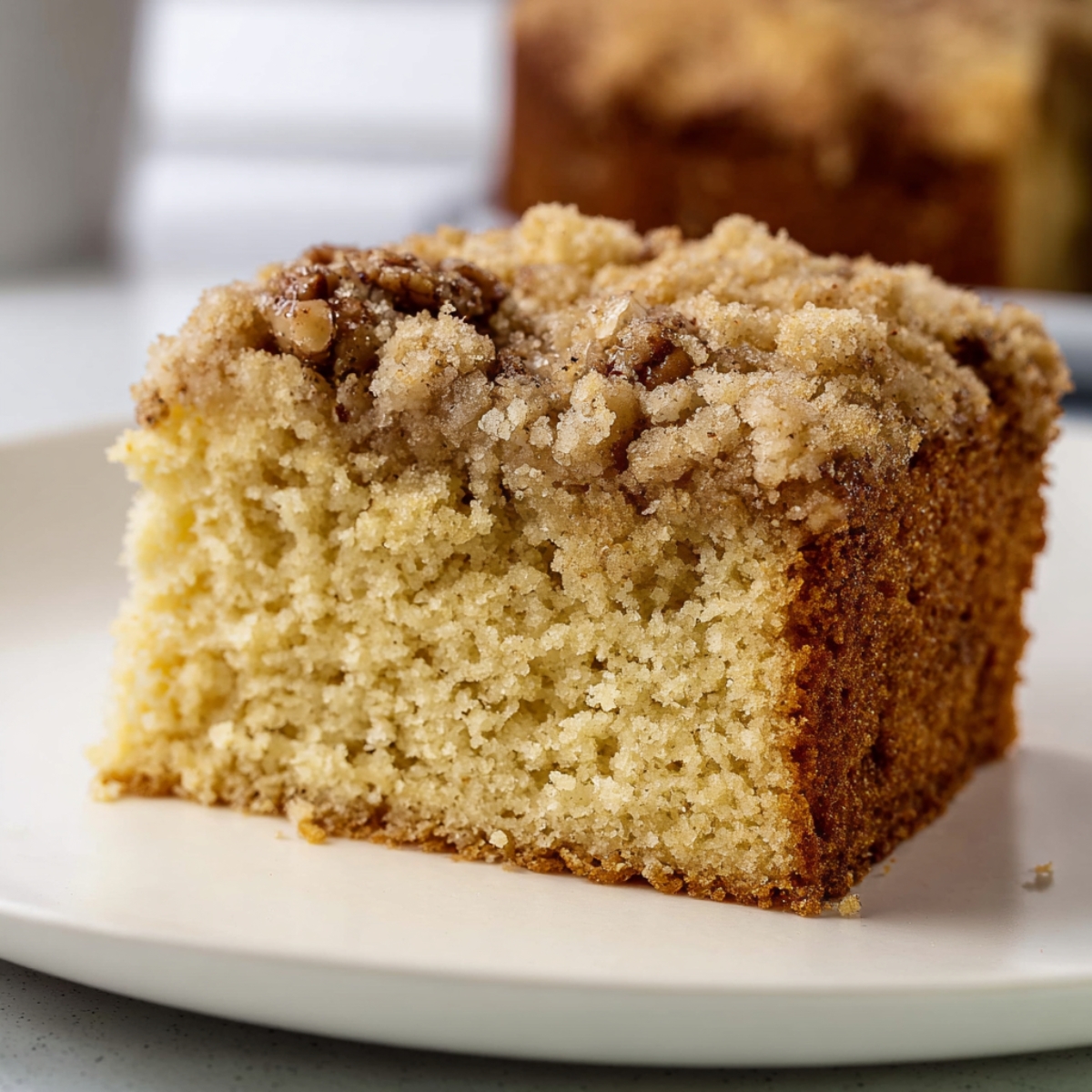 A close-up of a moist, crumbly slice of Cowboy Coffee Cake with a crumbly topping, sitting on a white plate. The cake is golden in color with a slightly crunchy topping, indicating a delicious, homemade treat.