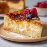 A slice of Creme Brulee Cake with a golden-brown caramelized top, revealing a creamy filling, garnished with fresh raspberries and blueberries, and a light dusting of powdered sugar.