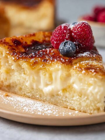 A slice of Creme Brulee Cake with a golden-brown caramelized top, revealing a creamy filling, garnished with fresh raspberries and blueberries, and a light dusting of powdered sugar.