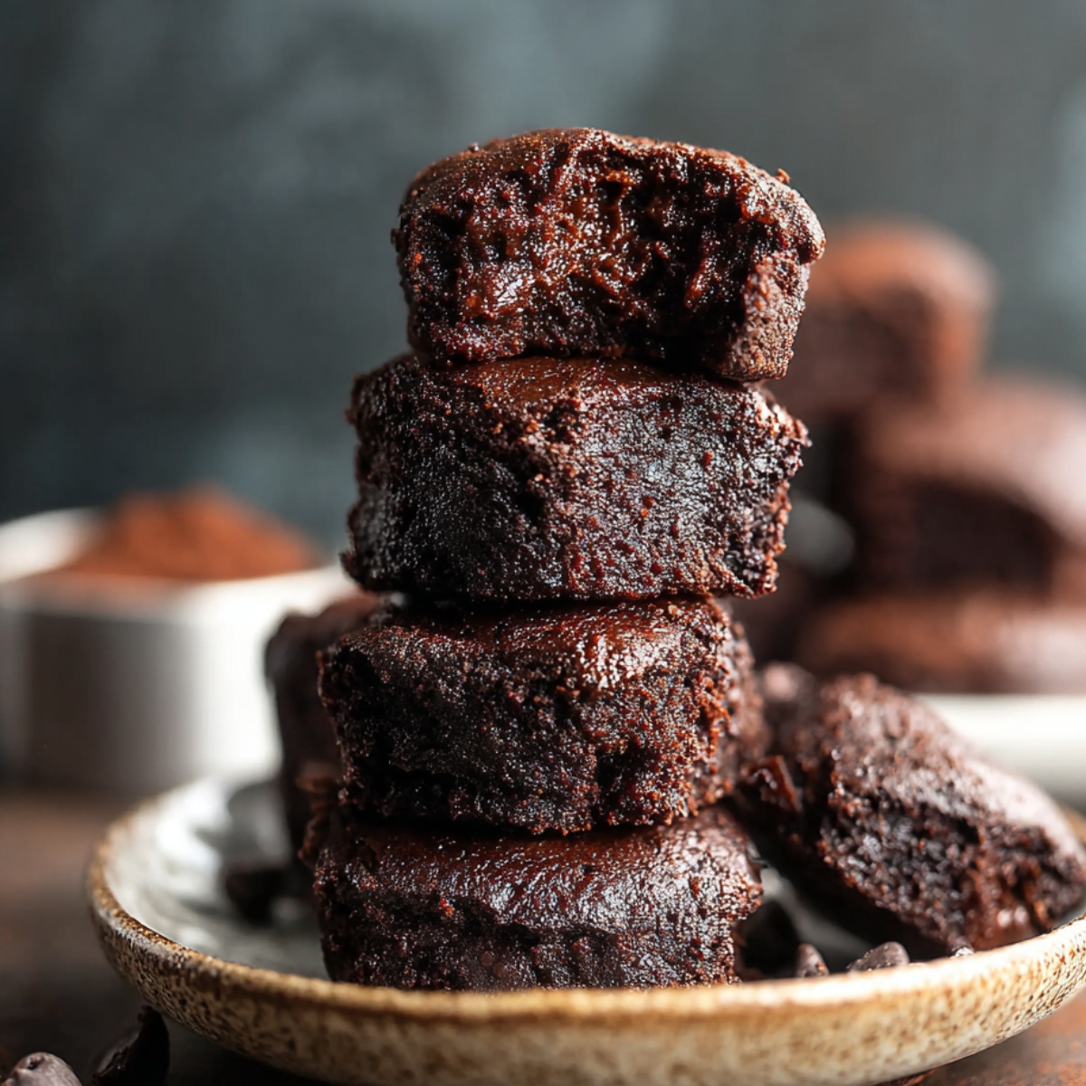 A stack of freshly baked, fudgy Date Brownies, with a rich, dark chocolatey interior. The brownies are moist and soft, with one slice taken to show the texture.