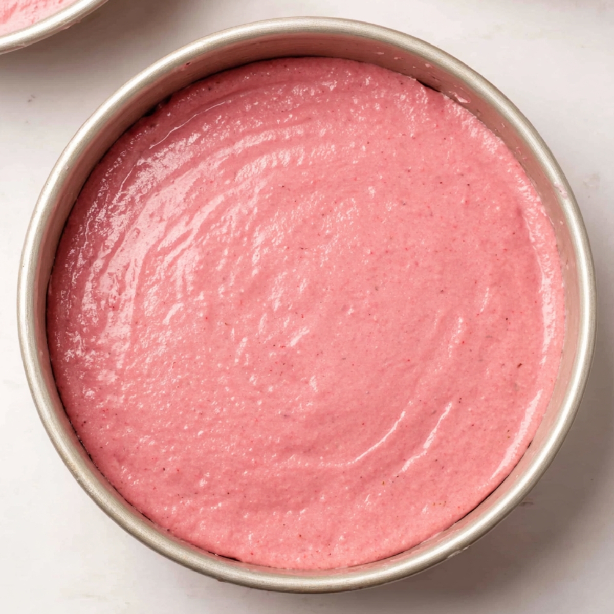 Easy Vegan Strawberry Cake Recipe 11 A close-up of a round cake pan filled with smooth pink strawberry batter, ready for baking.