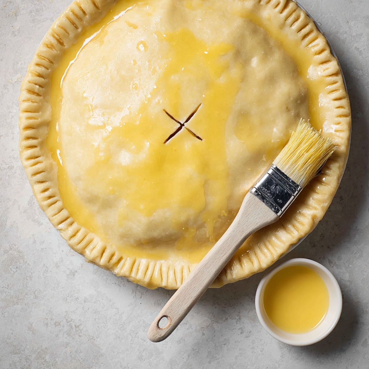 Easy Beef Pot Pie Recipe 11 Unbaked pot pie with a brushed egg wash and a small "X" on the top crust.